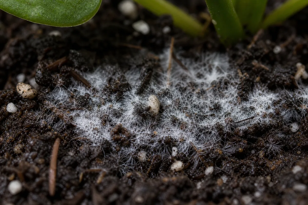 Close-up of Mold on Soil on Pilea Peperomioides - diagnostic detail