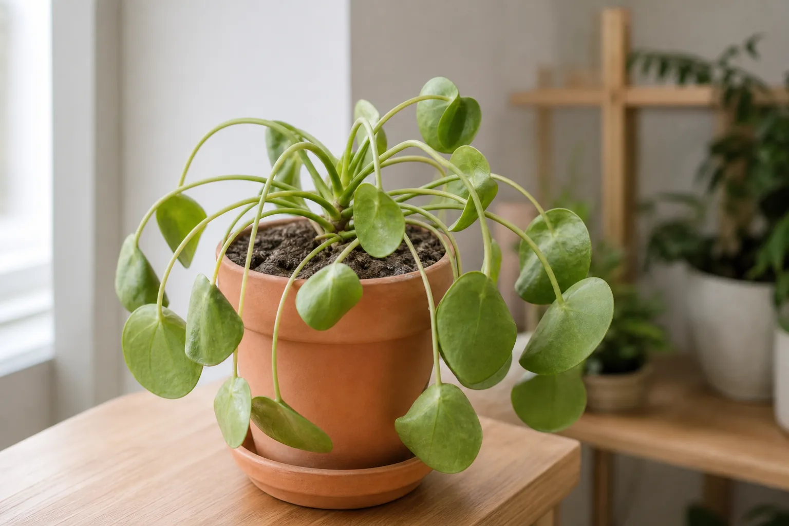 Underwatering on Pilea Peperomioides - visible symptom on the plant
