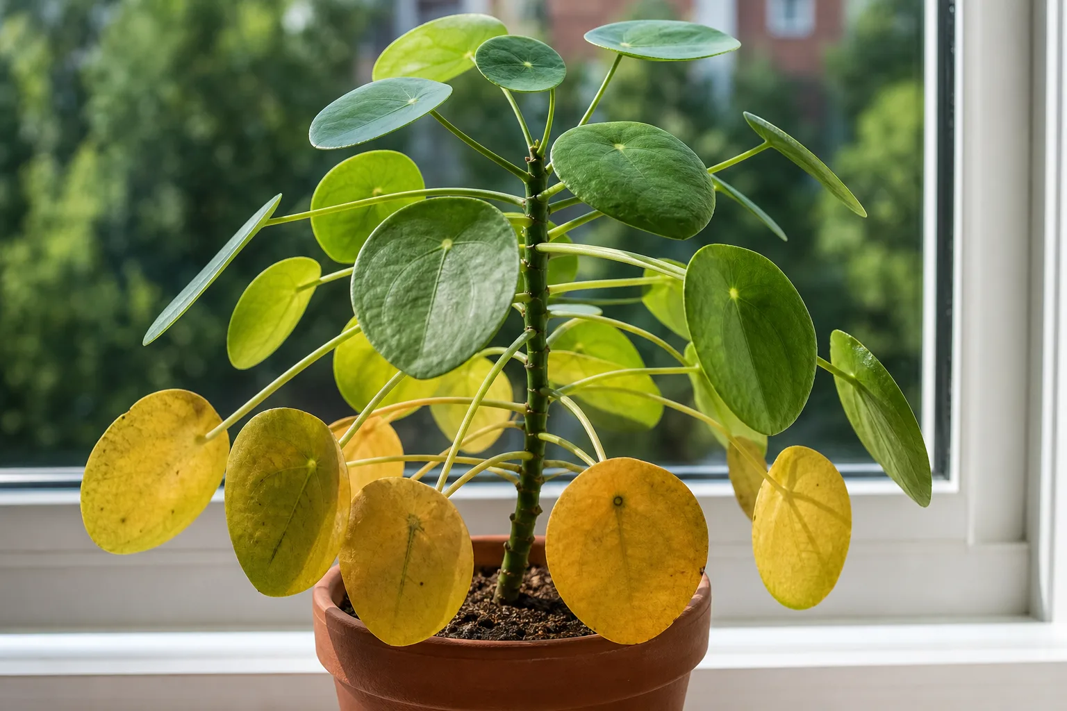 Yellow Leaves on Pilea Peperomioides - visible symptom on the plant