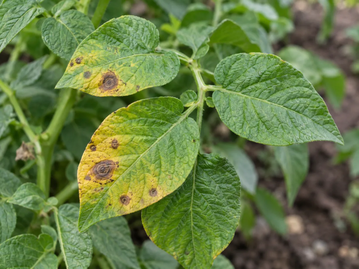 A close view of potato leaflets with yellowing and target-like early blight spots
