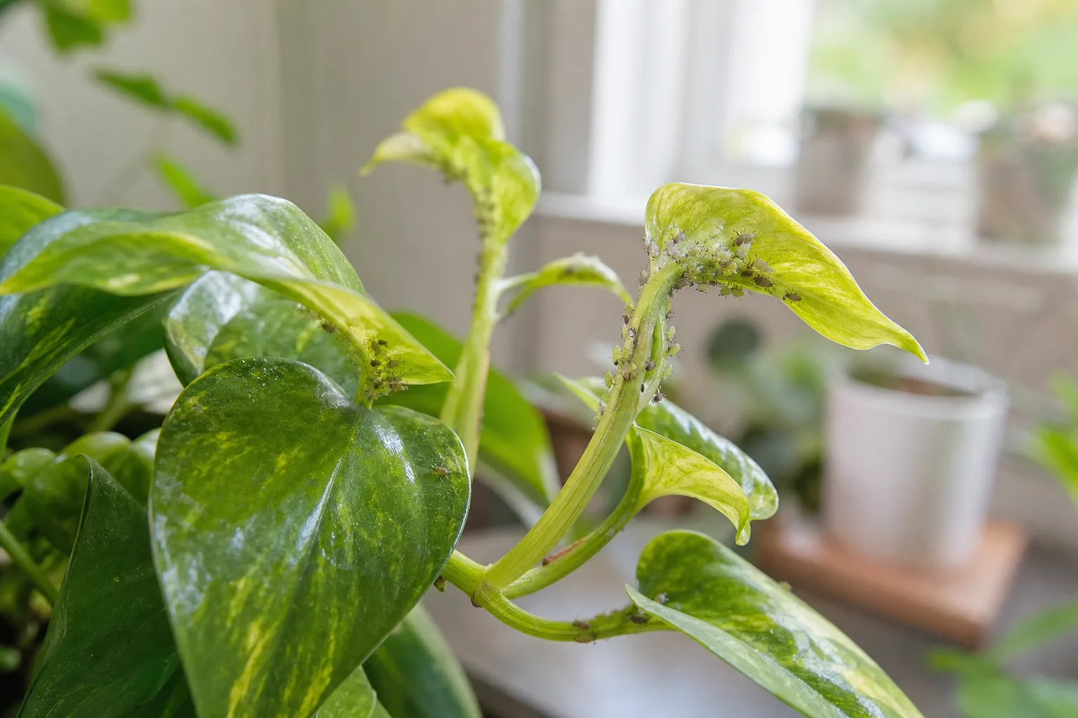 Pothos trailing tip with pear-shaped aphids clustered on soft new growth and sticky honeydew
