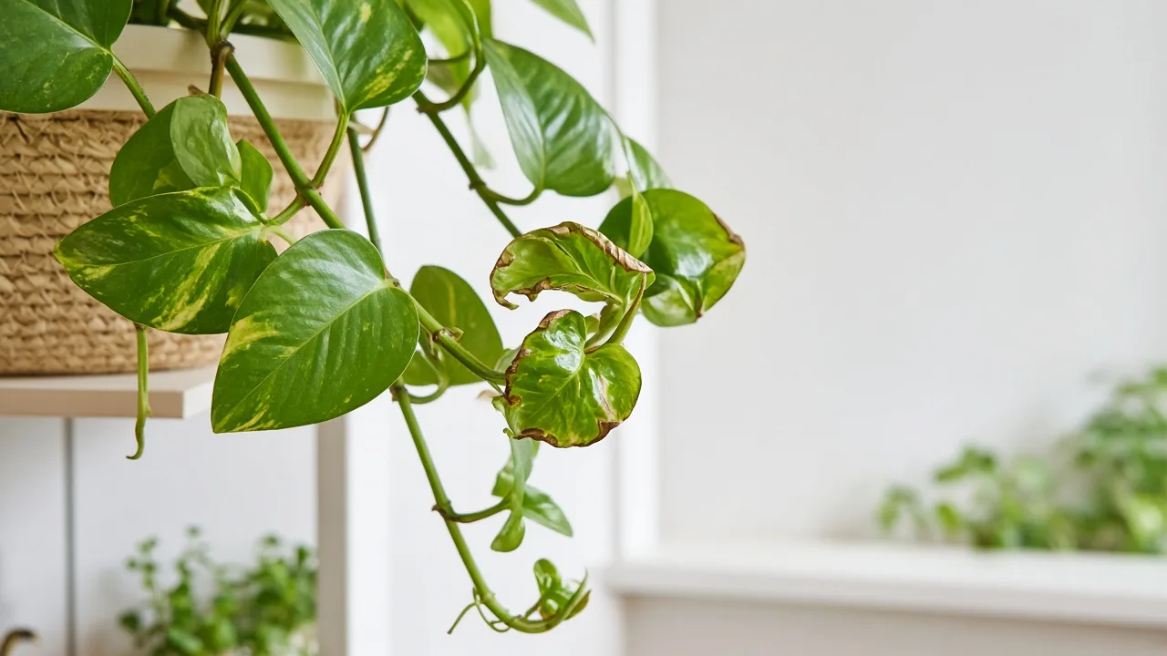 Calcium deficiency on pothos - cupped new heart-shaped leaf at trailing vine tip