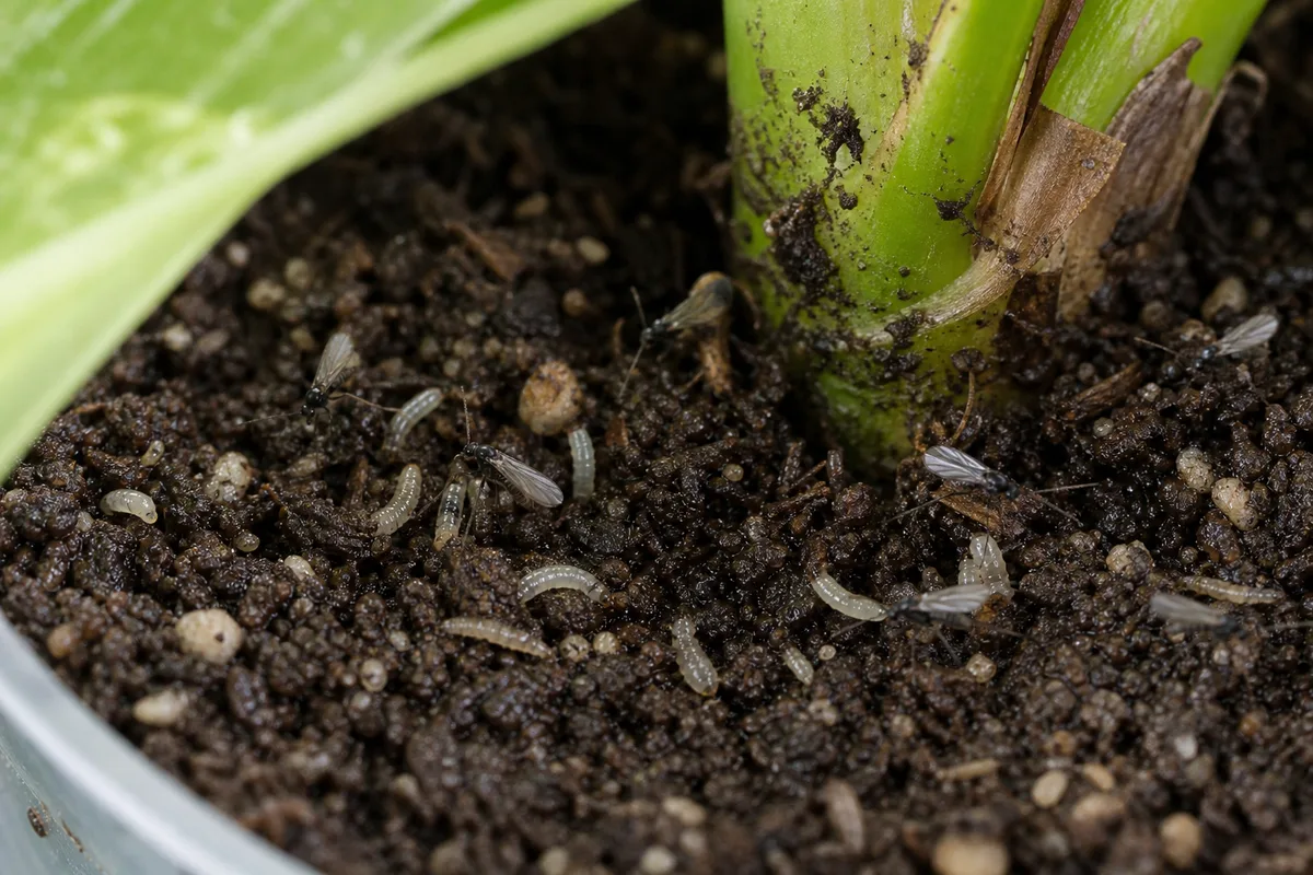 Close-up of Fungus Gnats on Pothos — diagnostic detail