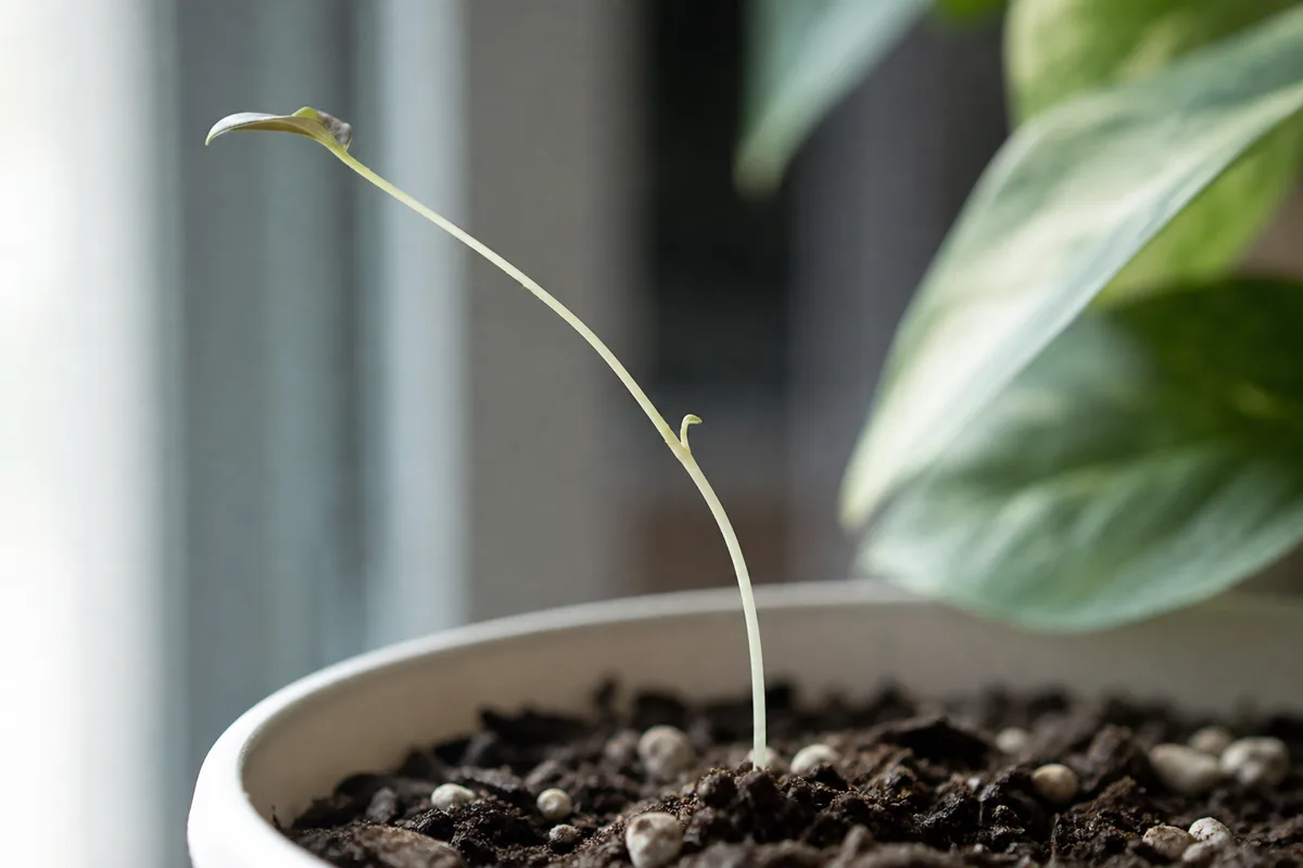 Close-up of Leggy Seedlings on Pothos - diagnostic detail