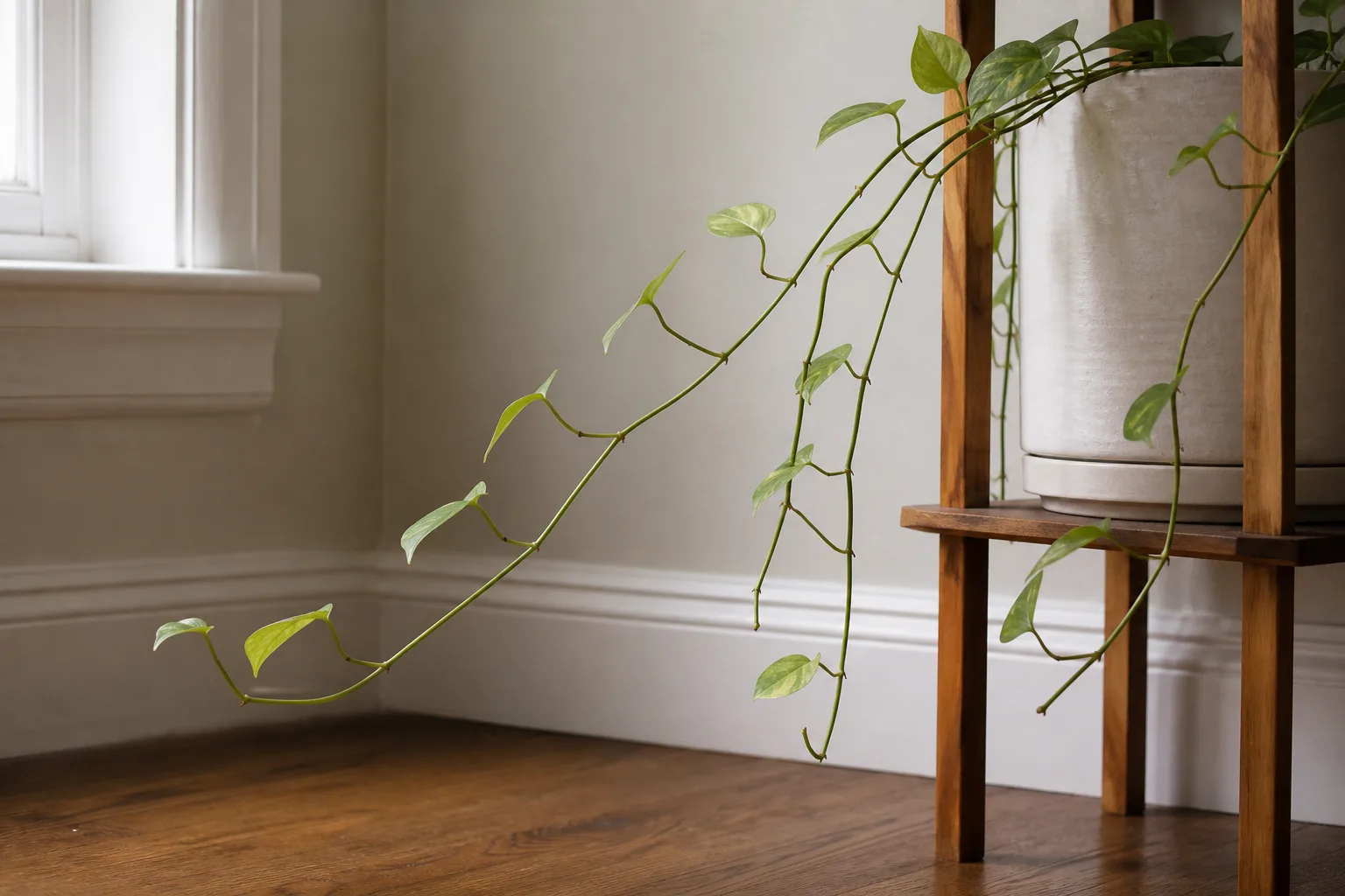 Golden pothos leaning toward a window with elongated internodes and pale new leaves from low light