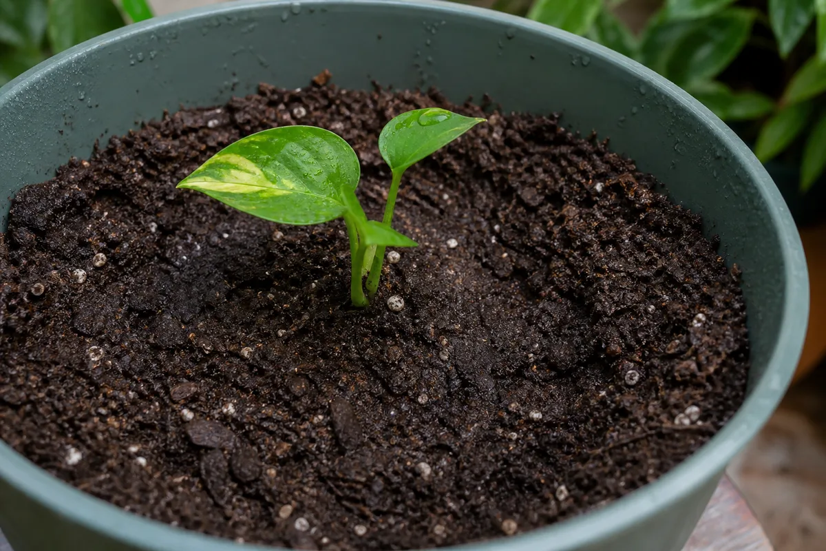 Close-up of Pot Too Large on Pothos - diagnostic detail