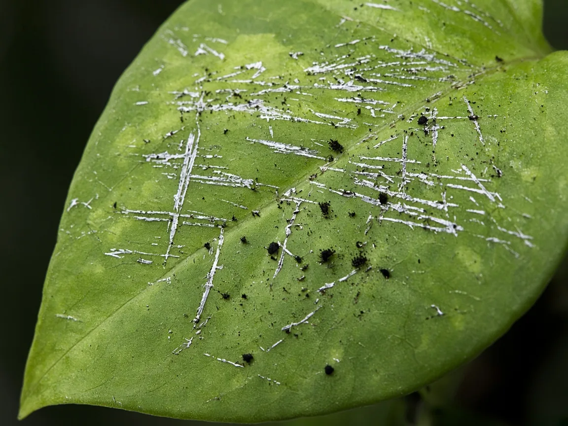 Close-up of silvery thrips scrape marks and black frass on pothos heart-shaped leaf
