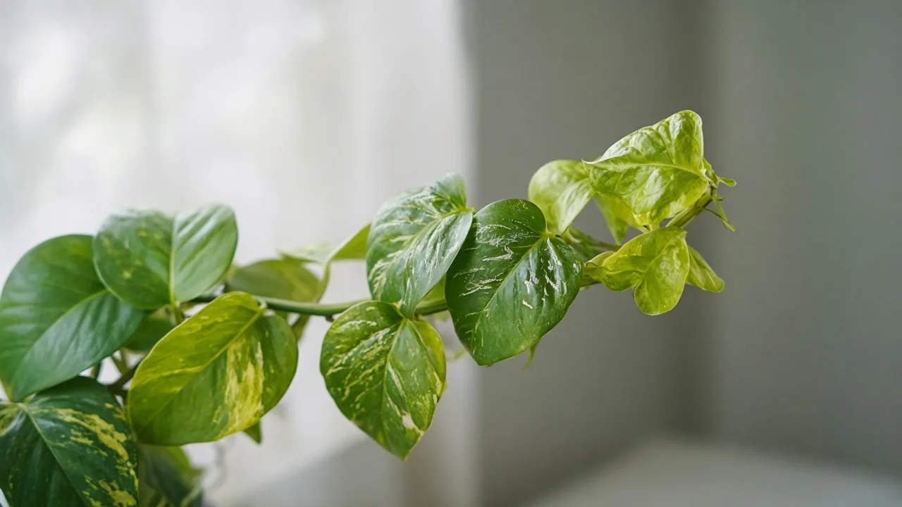 Thrips on Pothos - silvery scrape marks on heart-shaped leaves at a trailing vine tip