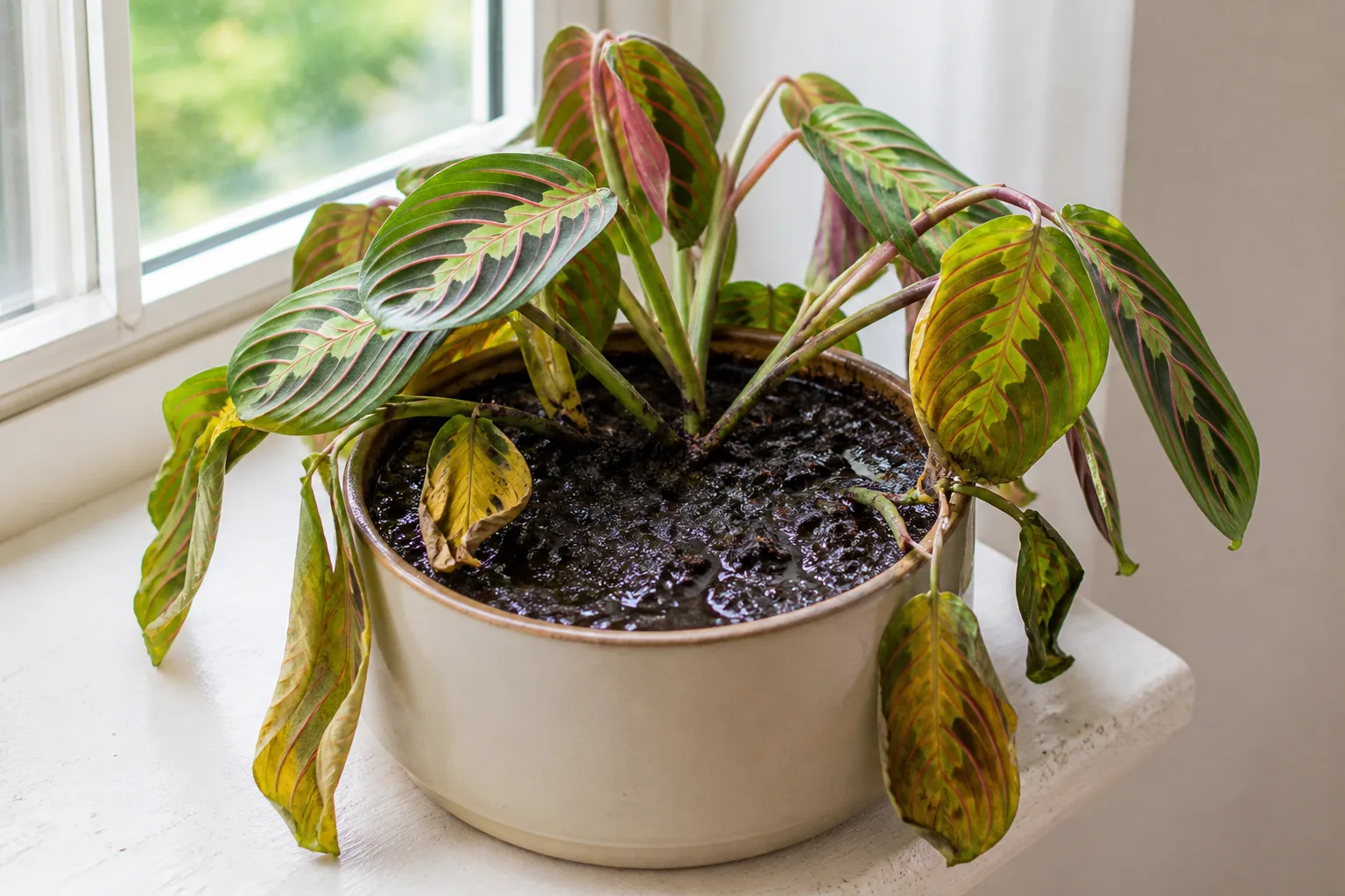 Overwatering on Prayer Plant - visible symptom on the plant