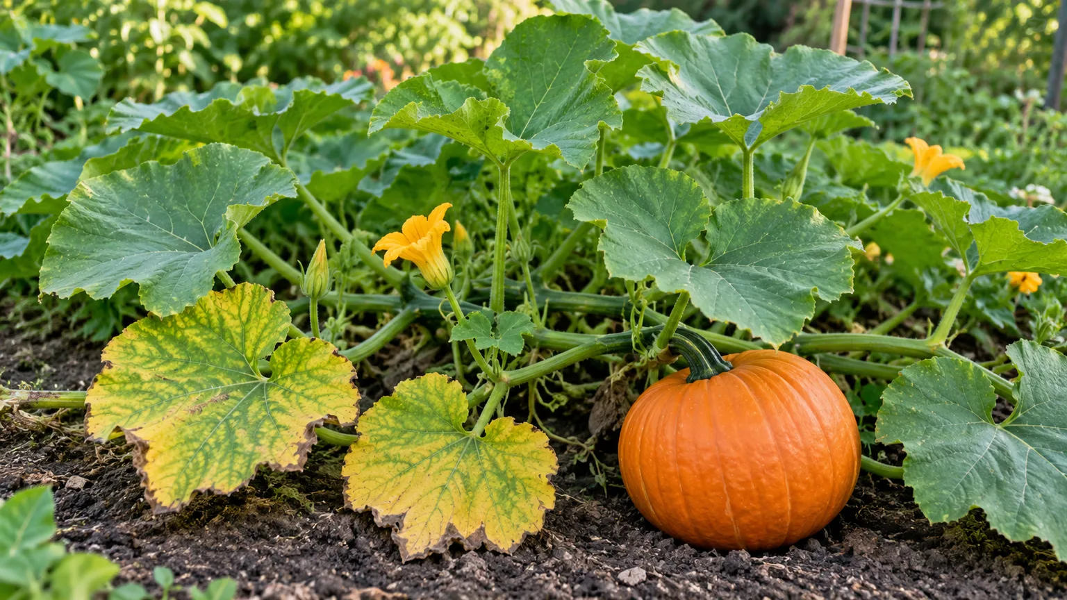 Pumpkin vine with several yellowing lower leaves and healthy green growth