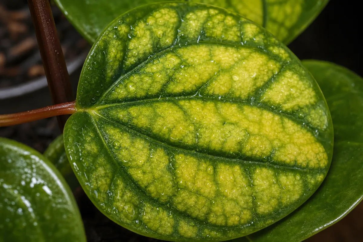 Close-up of Magnesium Deficiency on Raindrop Peperomia - diagnostic detail