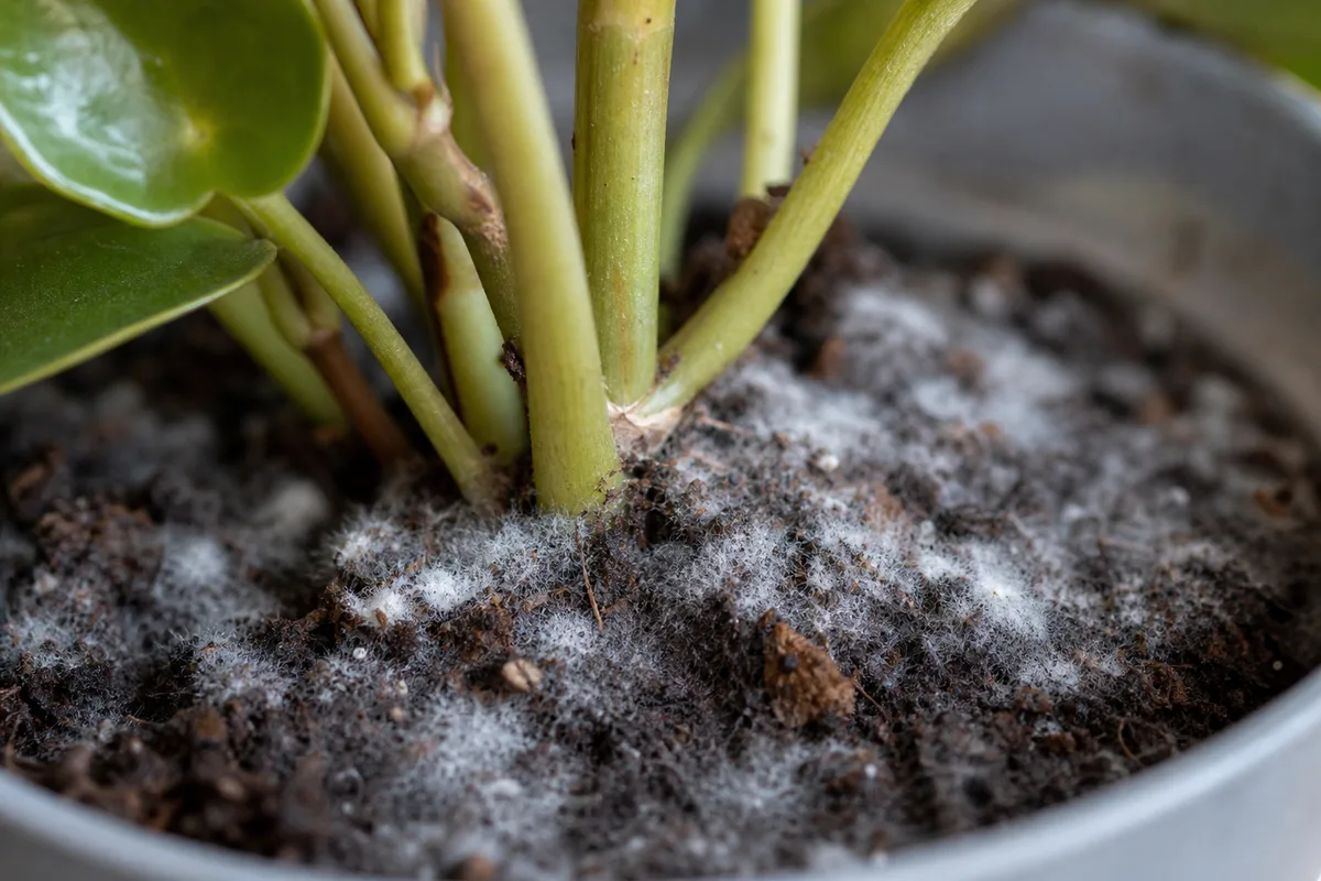 Close-up of Mold on Soil on Raindrop Peperomia - diagnostic detail