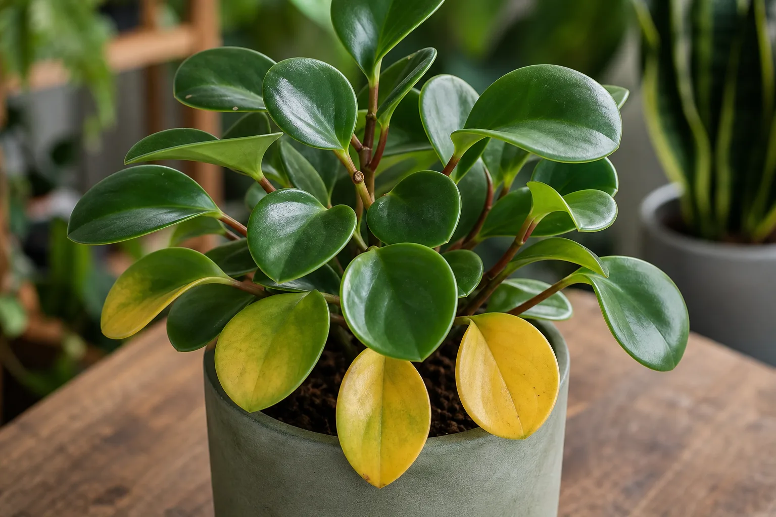 Yellow Leaves on Raindrop Peperomia - visible symptom on the plant