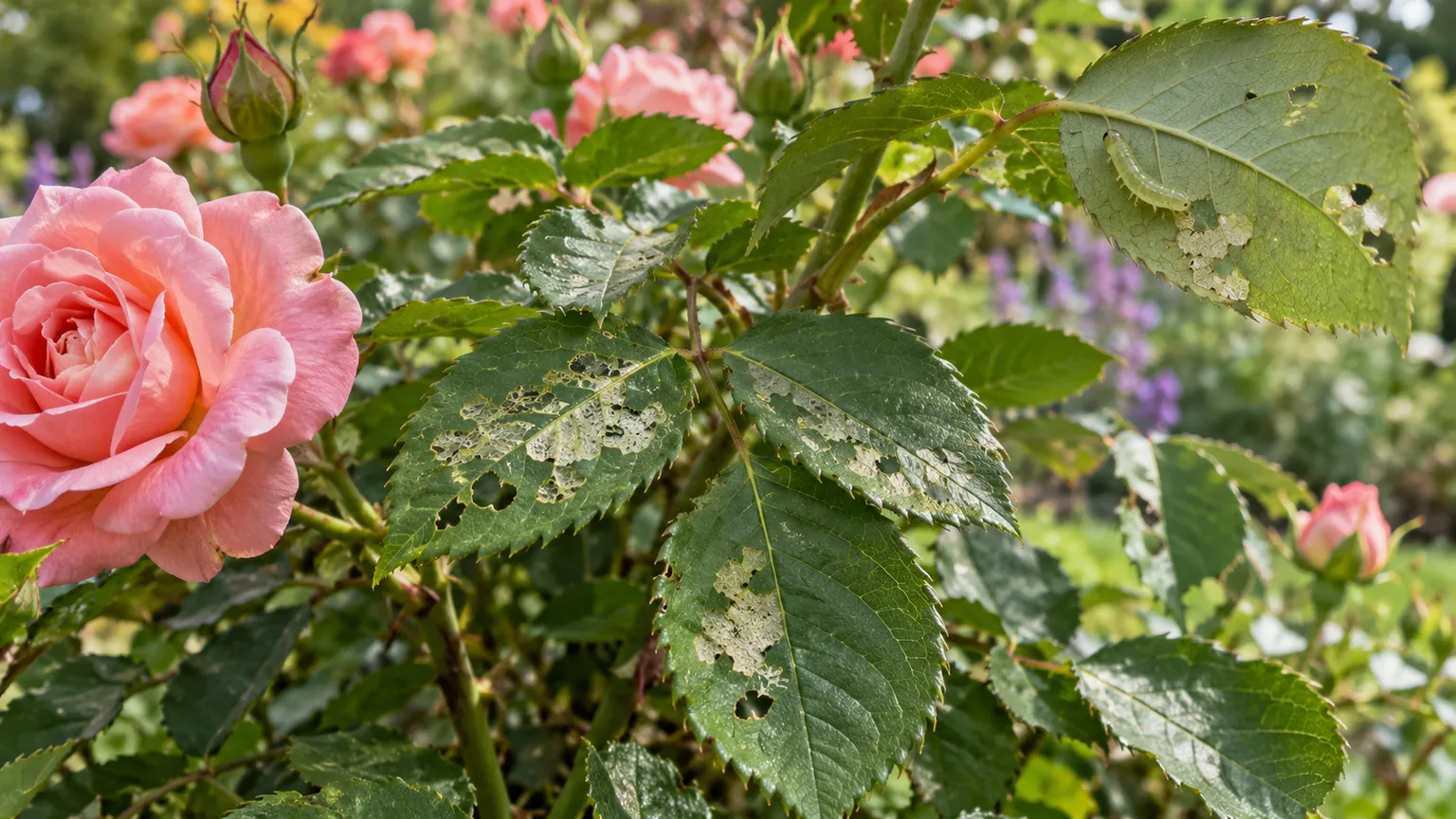Rose sawfly larvae and windowpane feeding damage on rose foliage