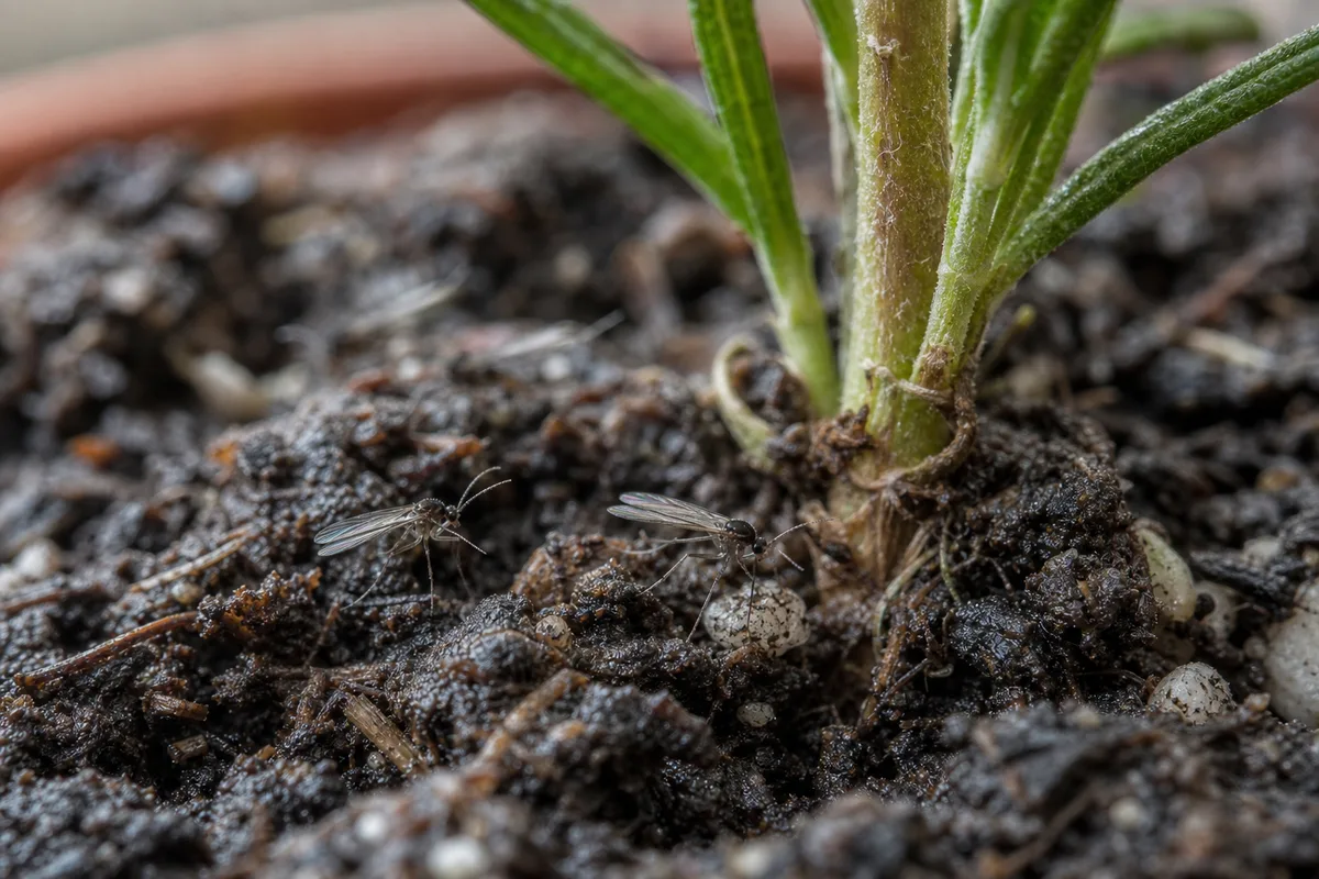 Close-up of Fungus Gnats on Rosemary - diagnostic detail