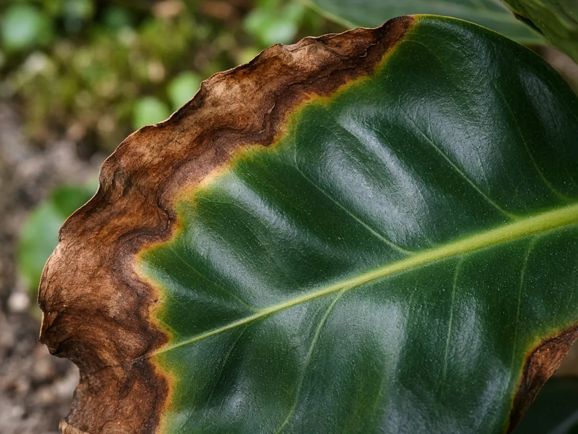 Close-up of a rubber plant leaf with a dry brown margin