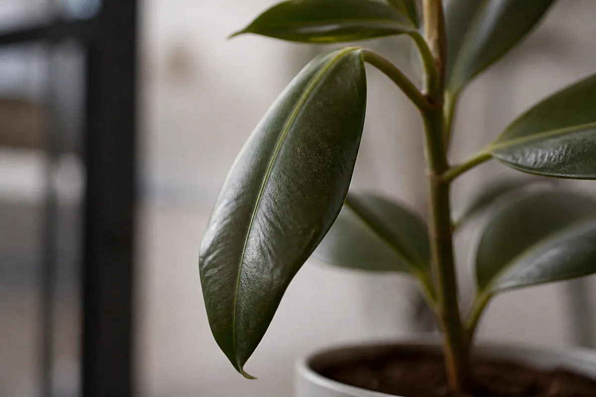 Close-up of Drooping Leaves on Rubber Plant - diagnostic detail