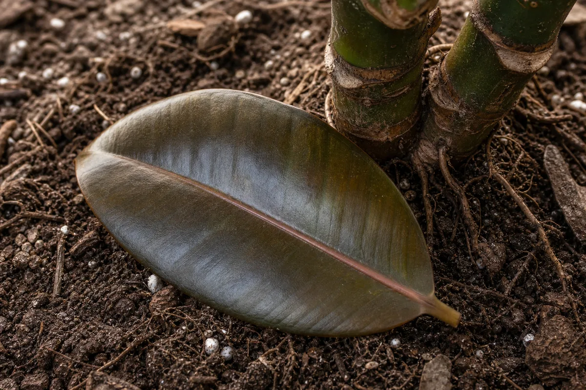 Close-up of Leaf Drop on Rubber Plant - diagnostic detail