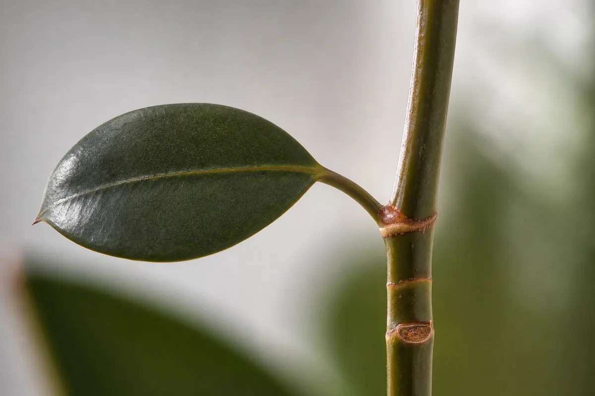 Close-up of Leggy Growth on Rubber Plant - diagnostic detail