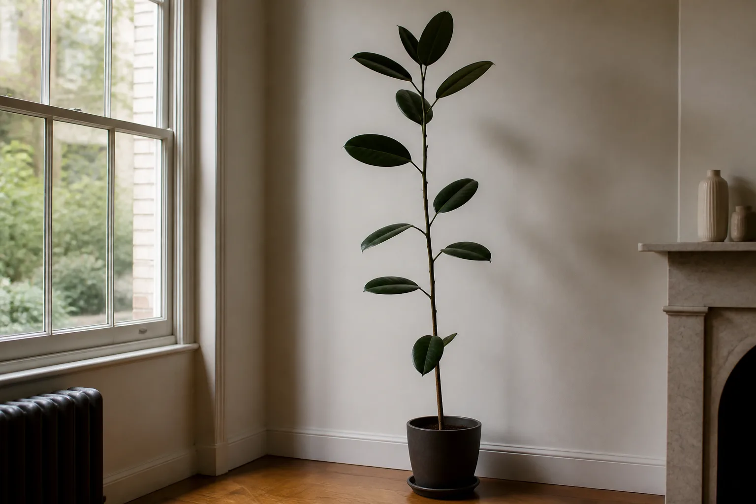 Leggy Growth on Rubber Plant - visible symptom on the plant