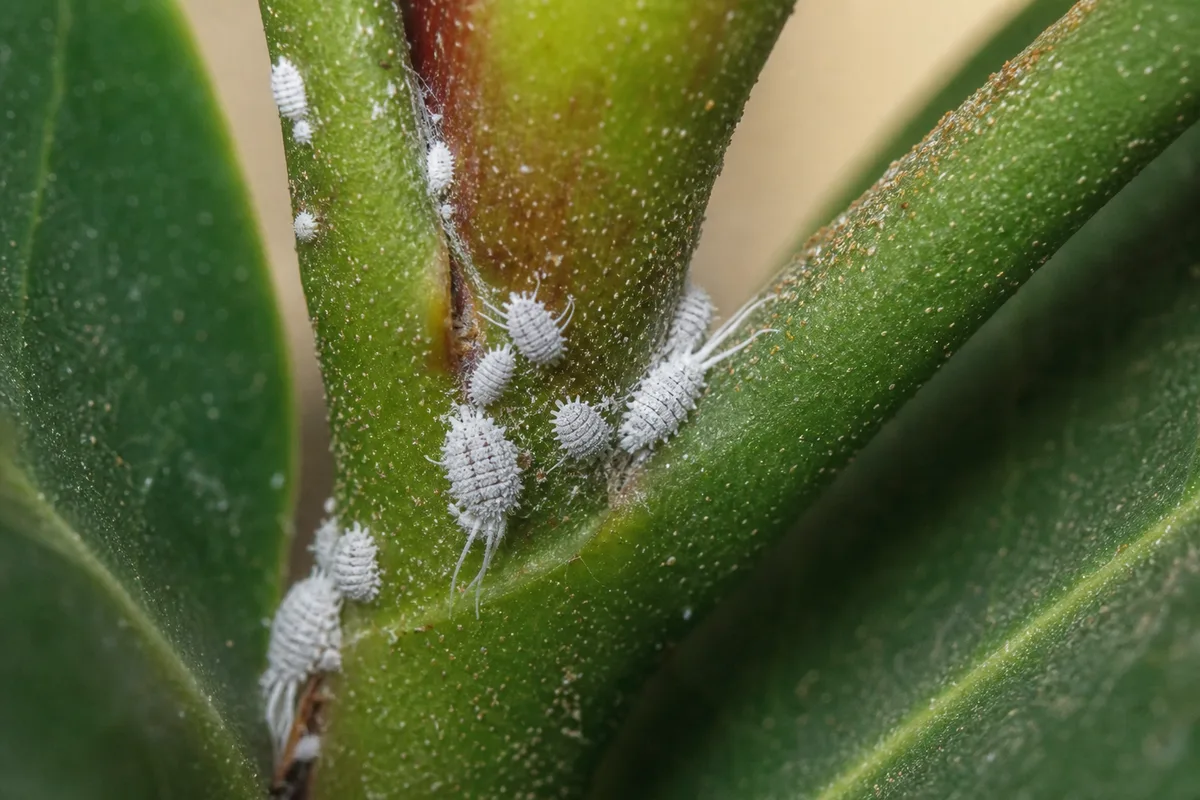 Close-up of Mealybugs on Rubber Plant - diagnostic detail