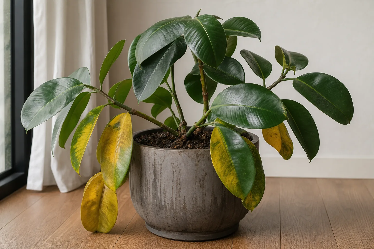 Overwatering on Rubber Plant - visible symptom on the plant