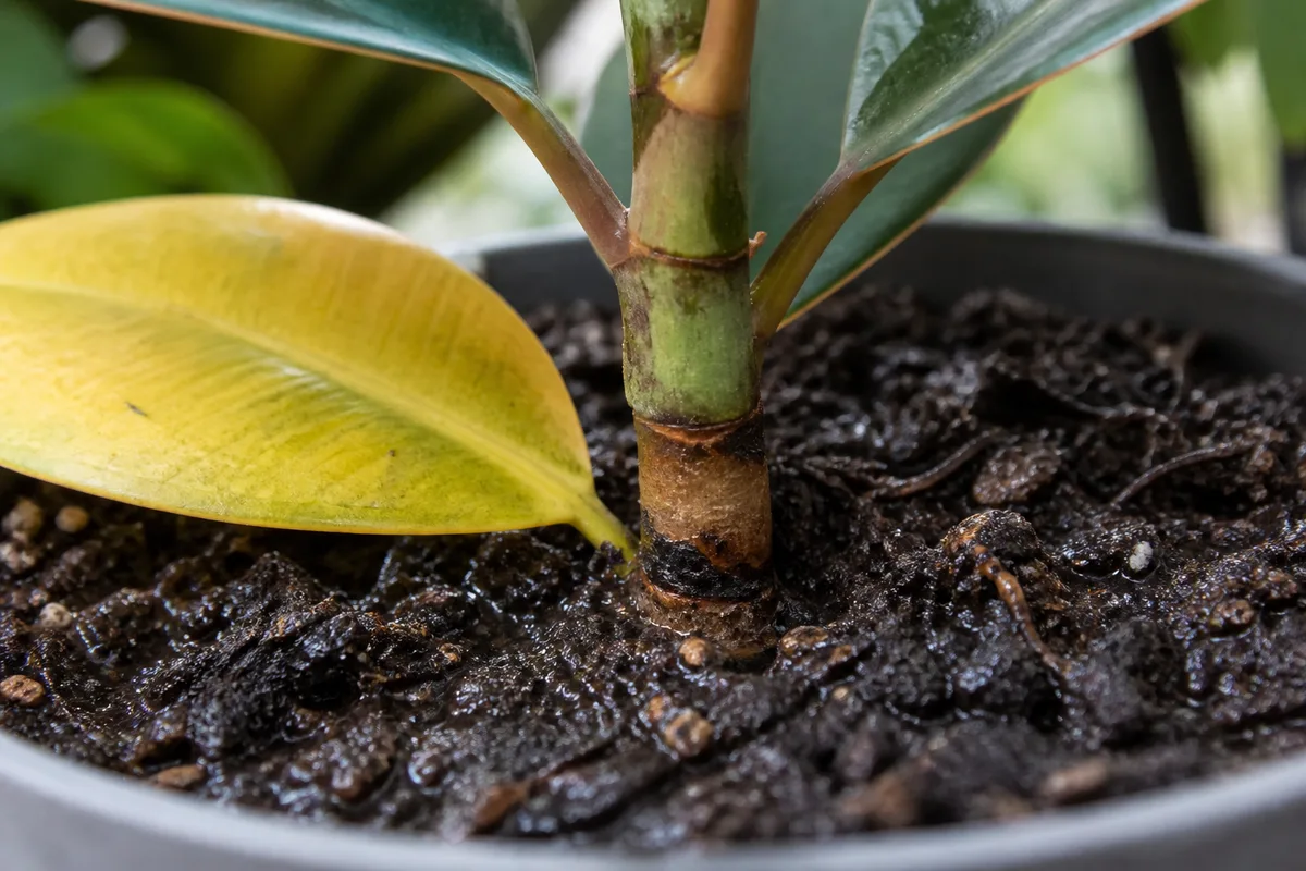 Close-up of Root Rot on Rubber Plant - diagnostic detail