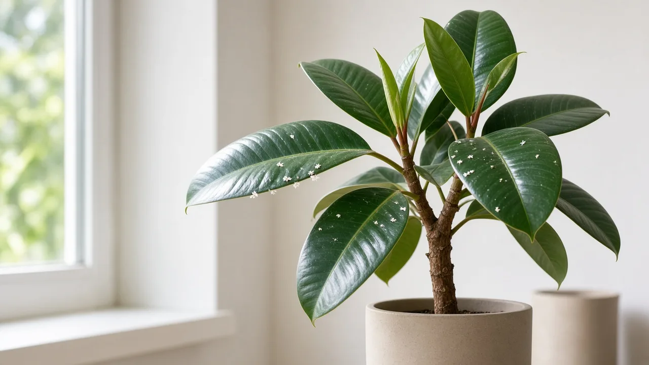 Whitefly adults and pale feeding stages on a rubber plant leaf in a bright indoor setting