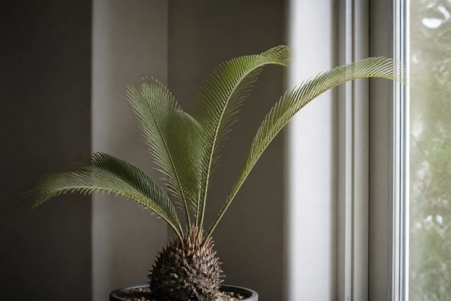 Not enough light on Sago Palm - pale fronds leaning toward the brightest window