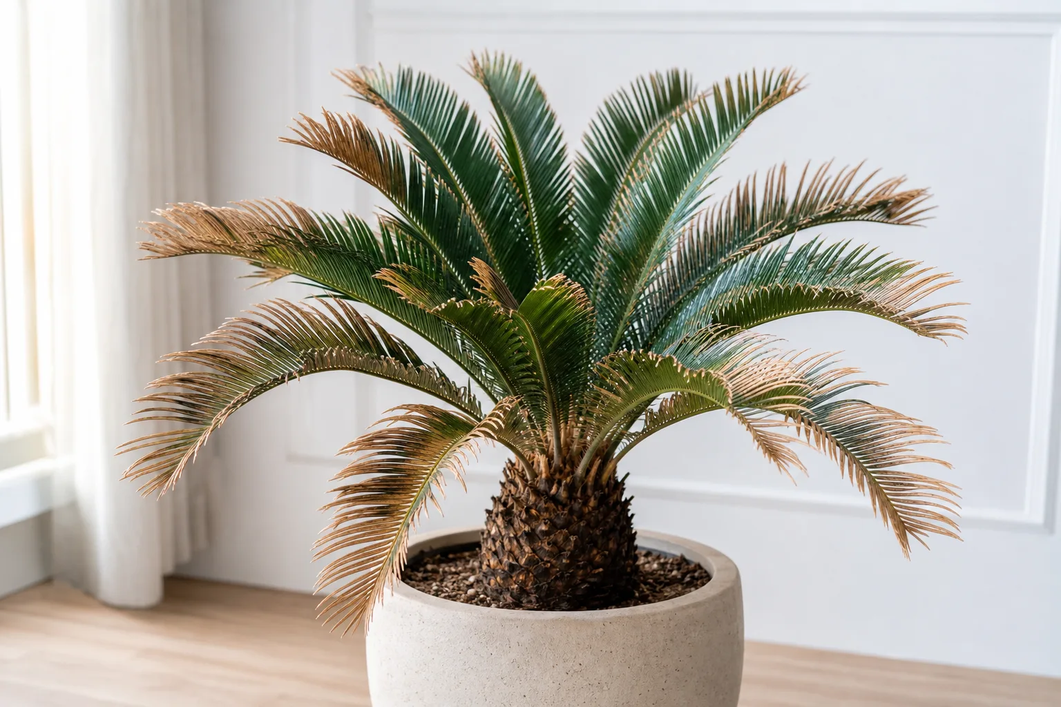 Underwatering on Sago Palm - visible symptom on the plant
