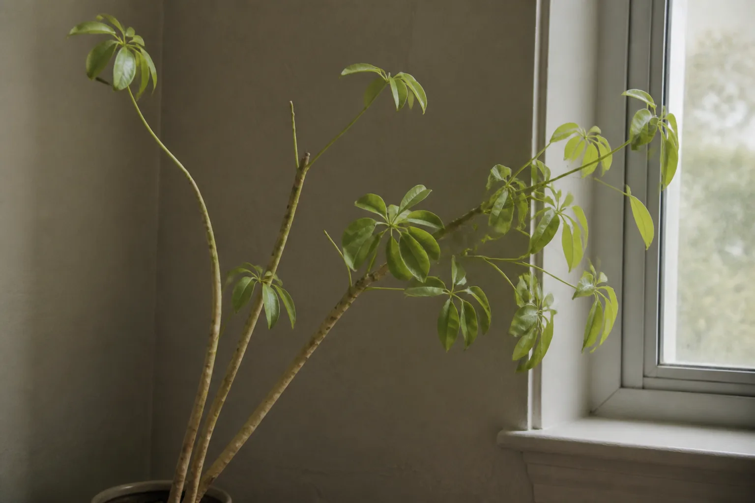 Not Enough Light on Schefflera - visible symptom on the plant