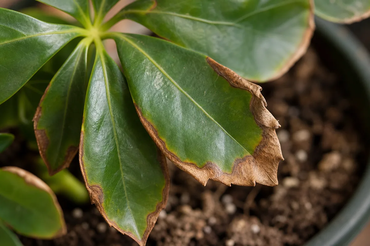 Close-up of Underwatering on Schefflera - diagnostic detail