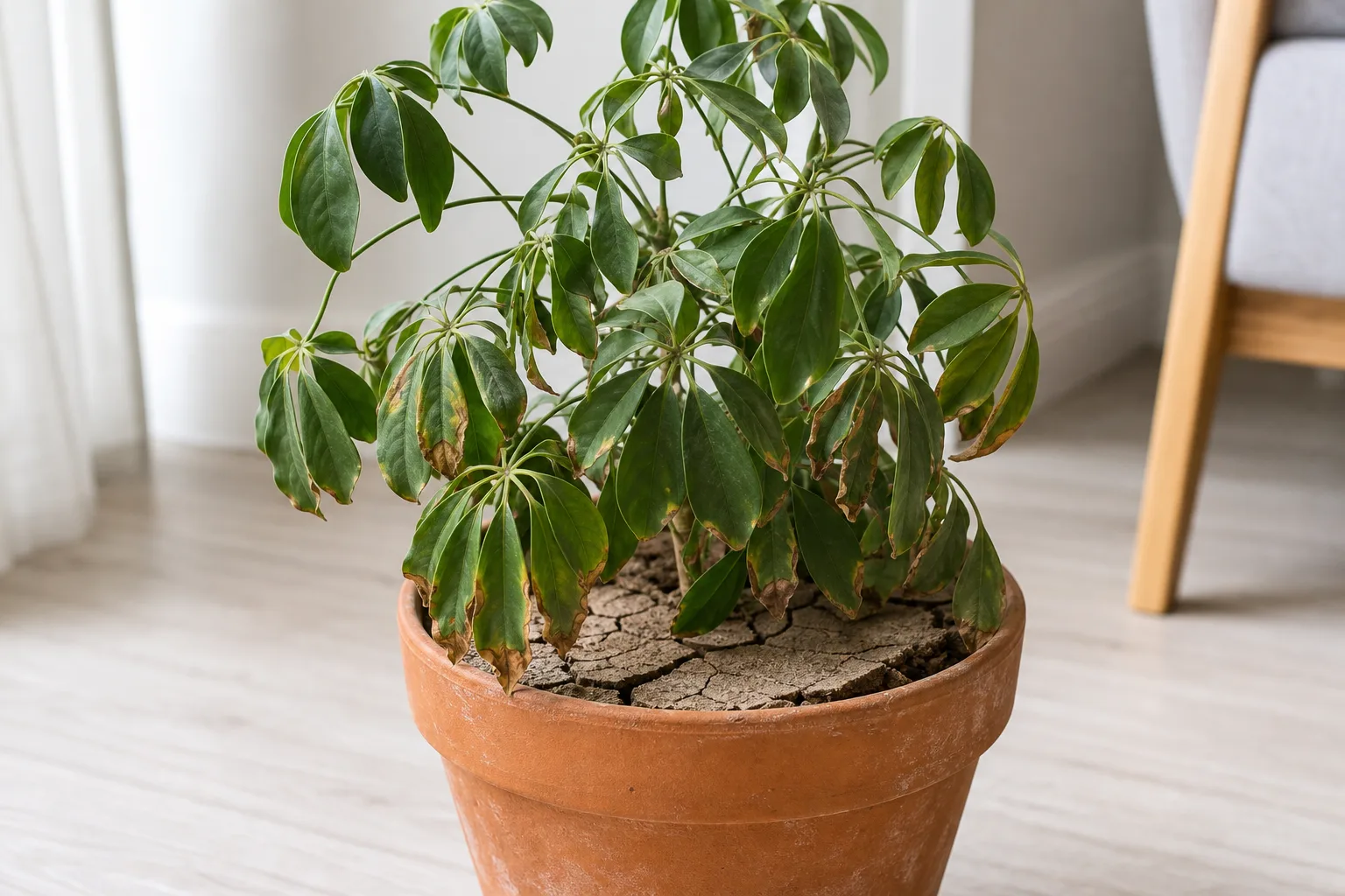 Underwatering on Schefflera - visible symptom on the plant