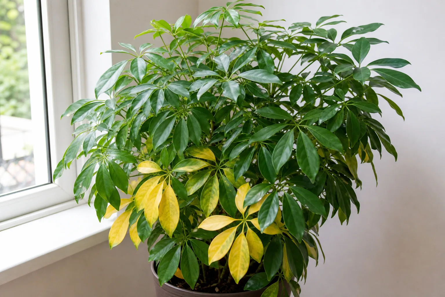 Yellow Leaves on Schefflera - visible symptom on the plant