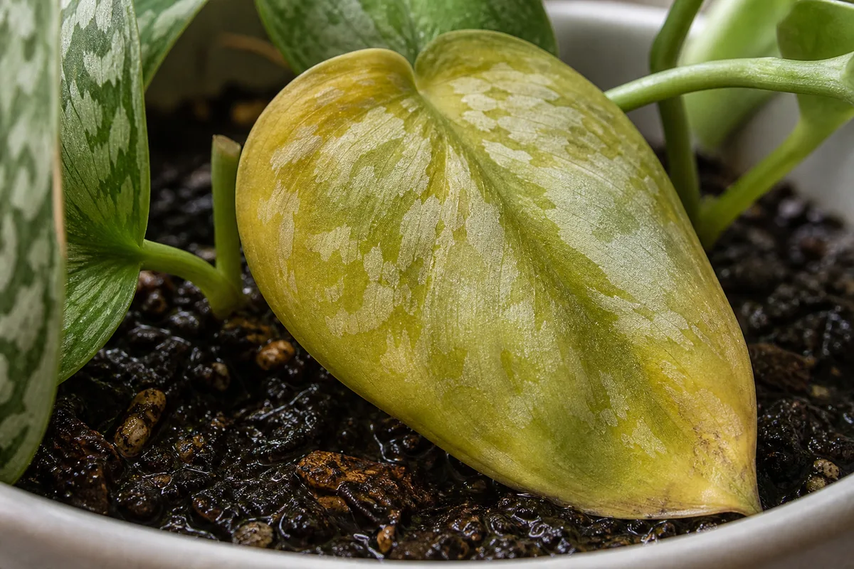 Close-up of Overwatering on Scindapsus Pictus - diagnostic detail