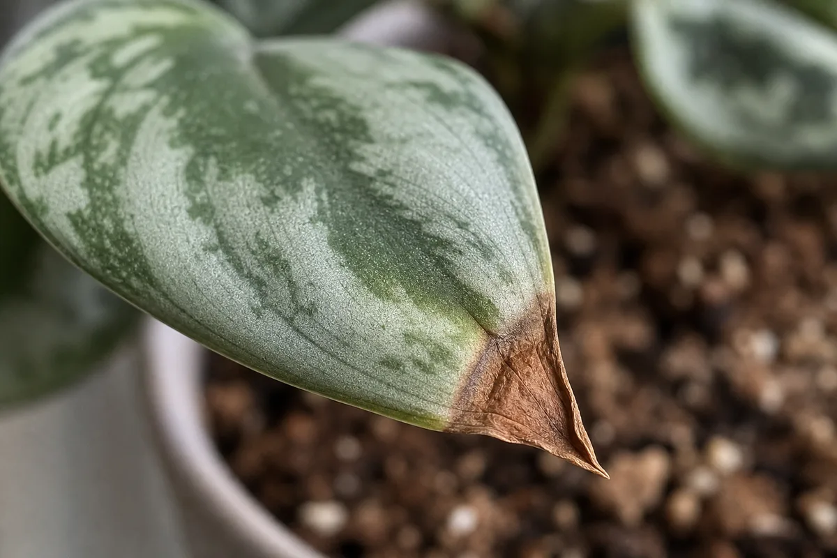 Close-up of Underwatering on Scindapsus Pictus - diagnostic detail