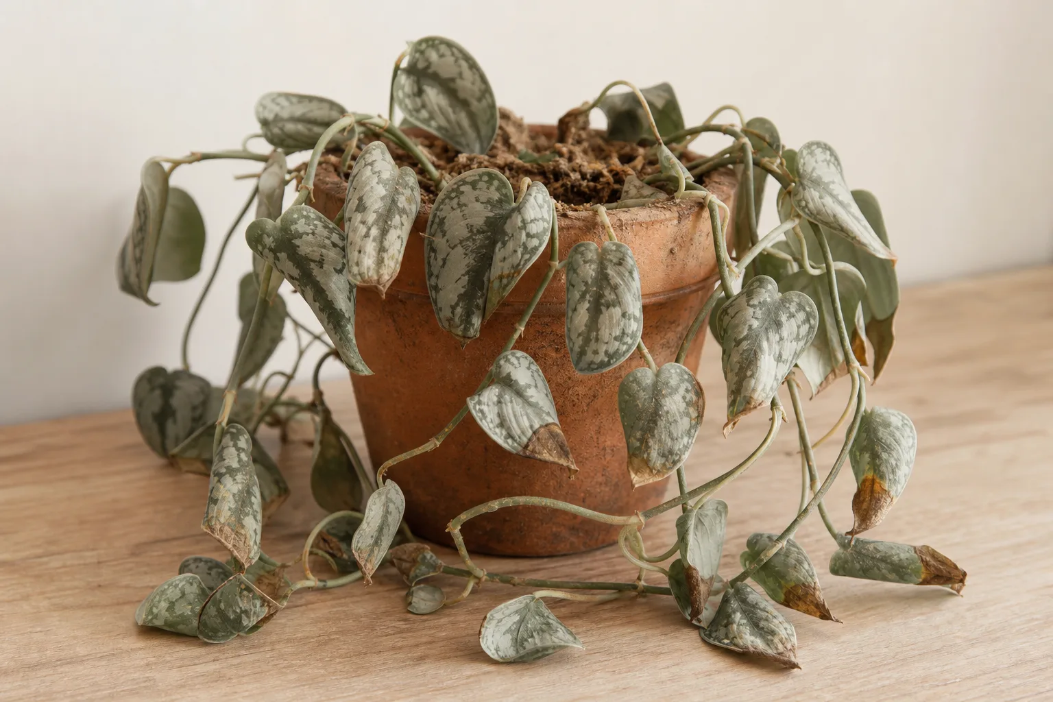 Underwatering on Scindapsus Pictus - visible symptom on the plant
