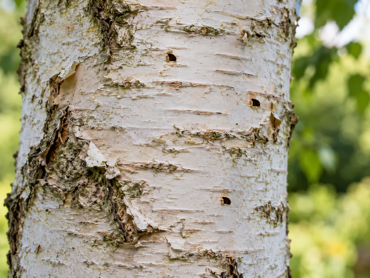 Small bark openings and raised ridges on silver birch bark that warrant a closer borer assessment