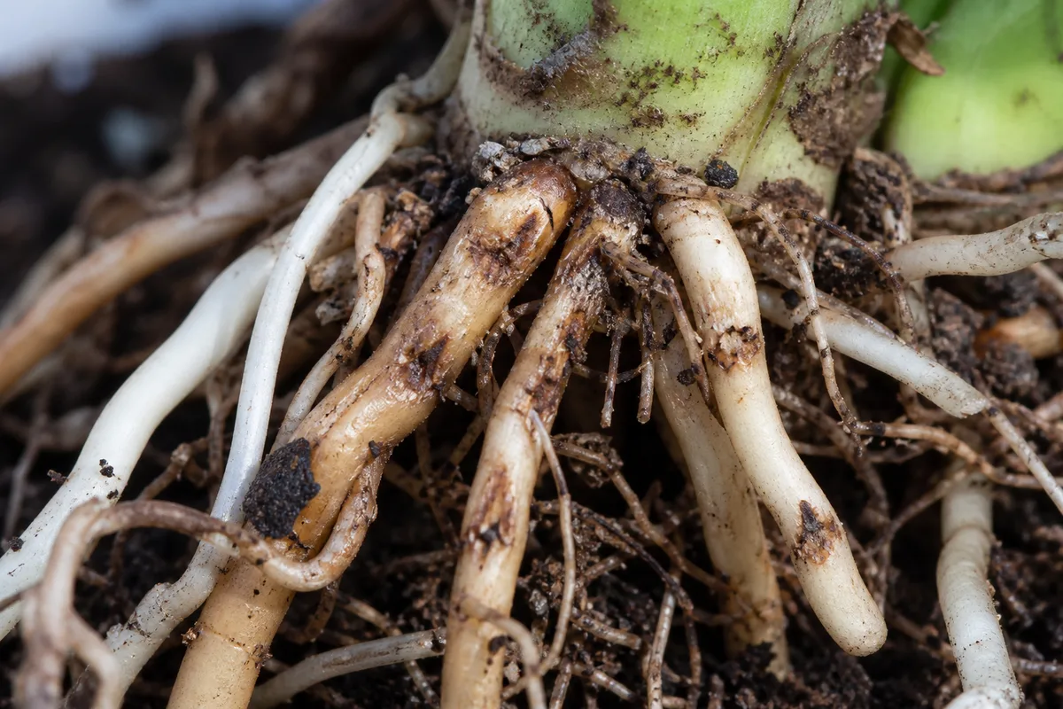 Close-up of Damaged Roots on Snake Plant - diagnostic detail
