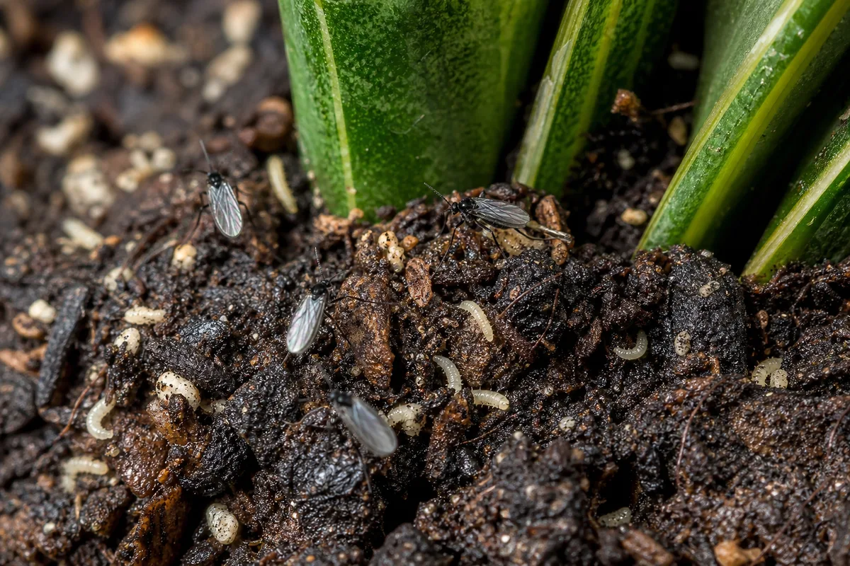 Close-up of Fungus Gnats on Snake Plant - diagnostic detail