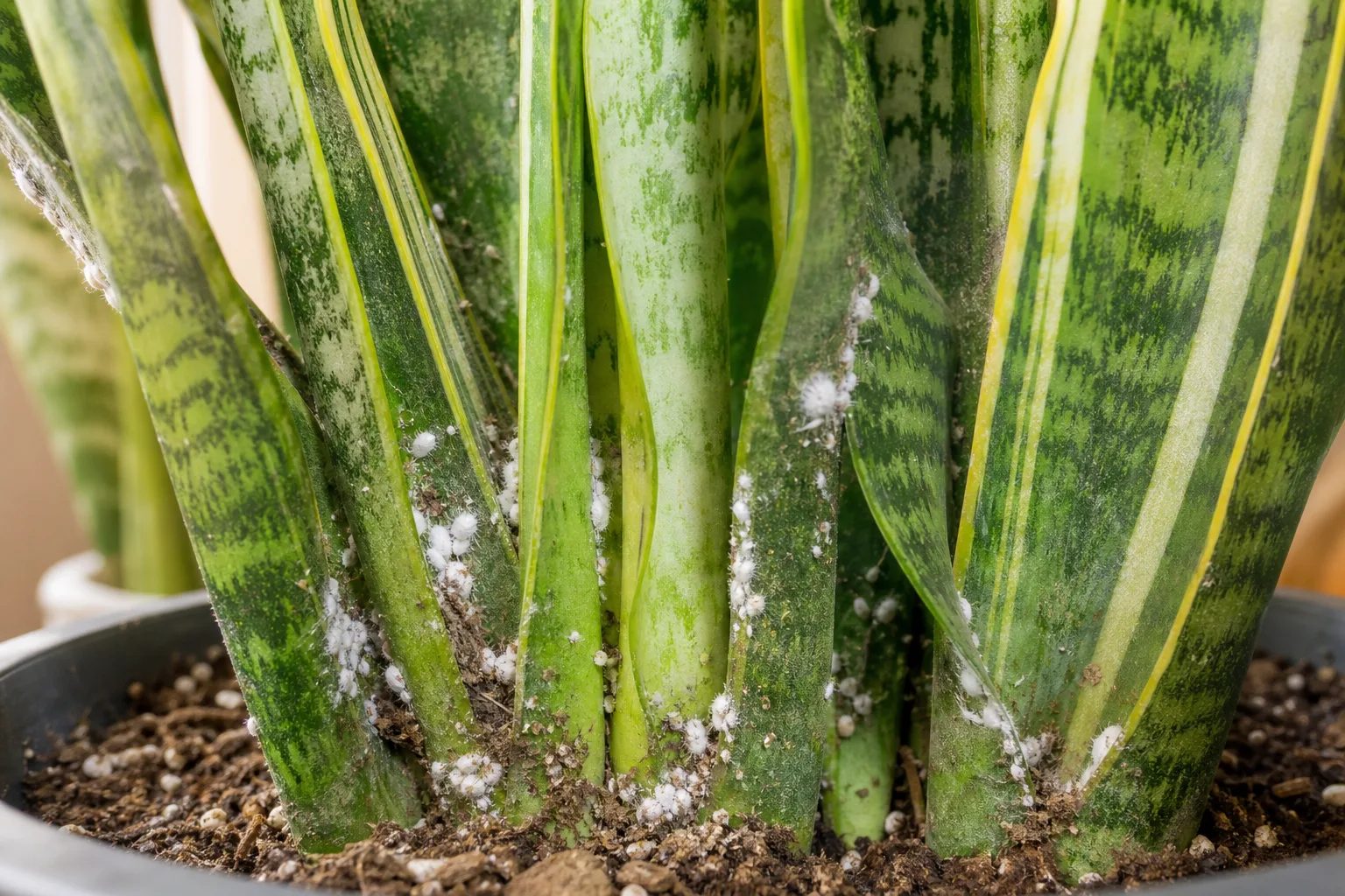 Mealybugs on Snake Plant - visible symptom on the plant