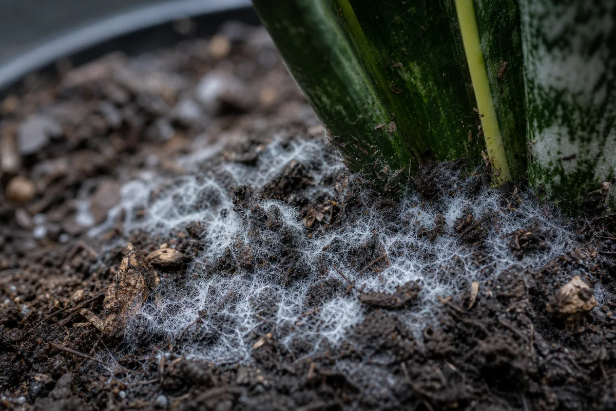 Close-up of Mold on Soil on Snake Plant - diagnostic detail