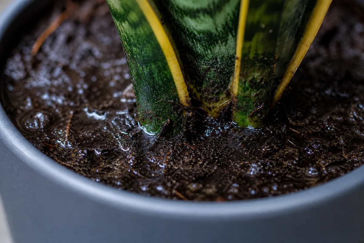 Close-up of No Drainage Hole on Snake Plant - diagnostic detail