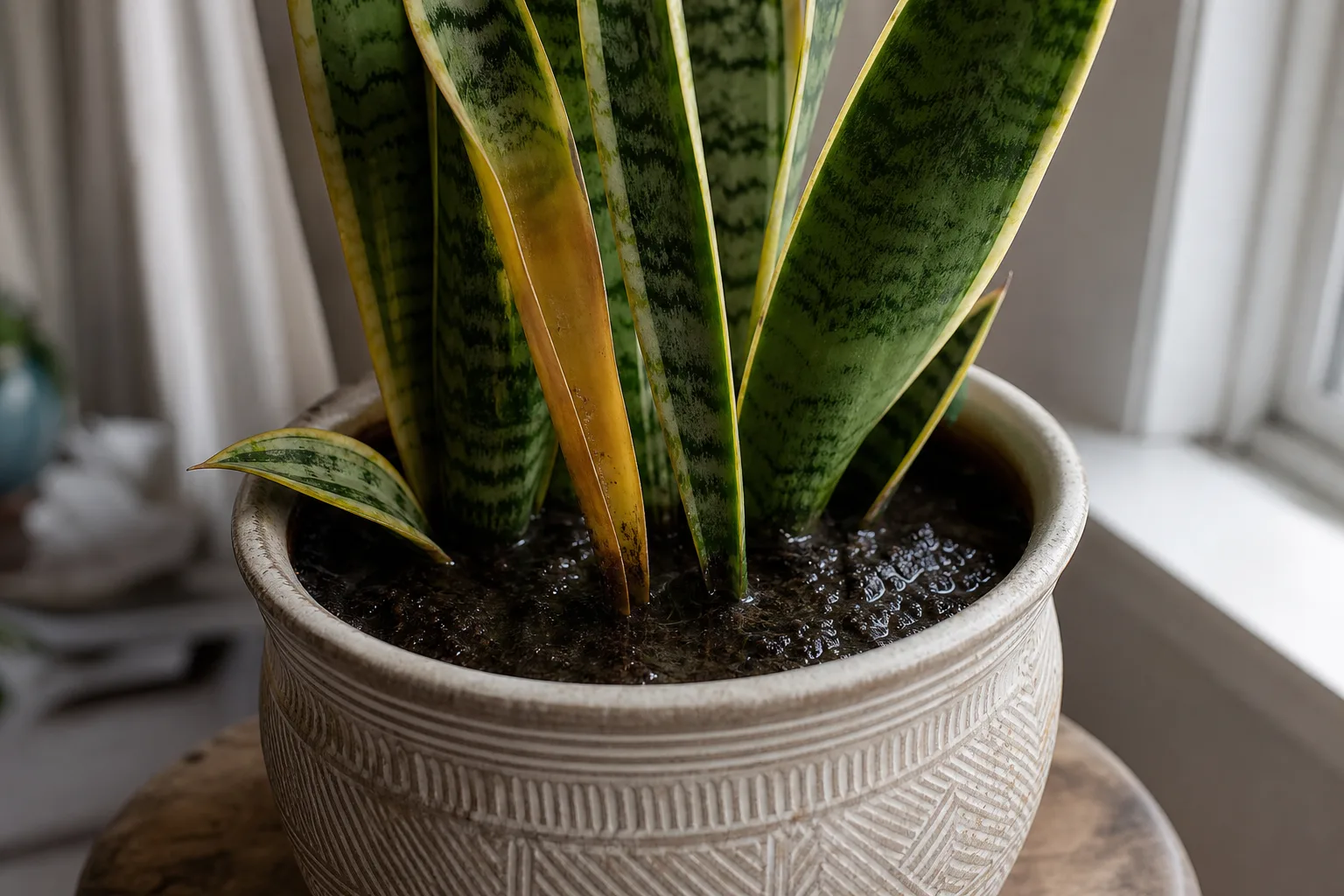 No Drainage Hole on Snake Plant - visible symptom on the plant