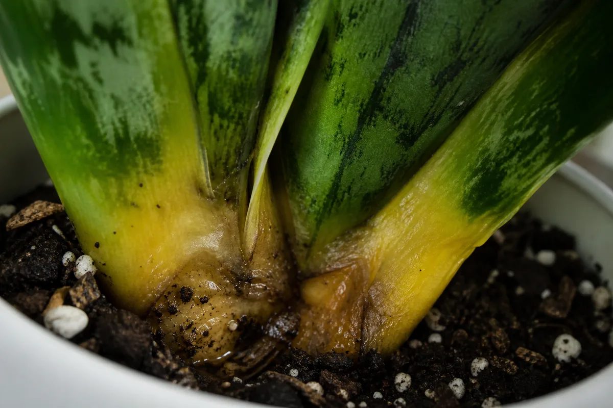 Close-up of Overwatering on Snake Plant - diagnostic detail