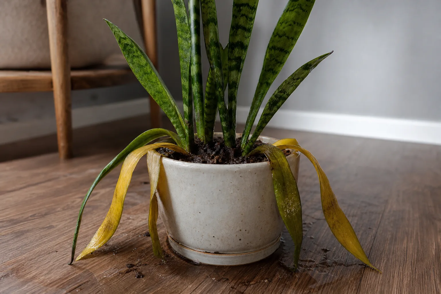 Overwatering on Snake Plant - visible symptom on the plant