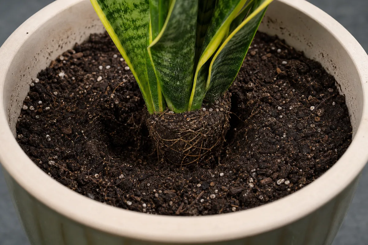 Close-up of Pot Too Large on Snake Plant - diagnostic detail