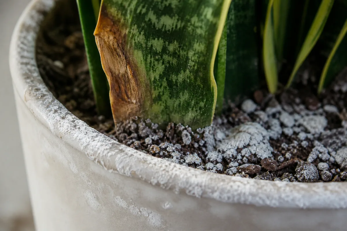 Close-up of Salt Build-up on Snake Plant - diagnostic detail