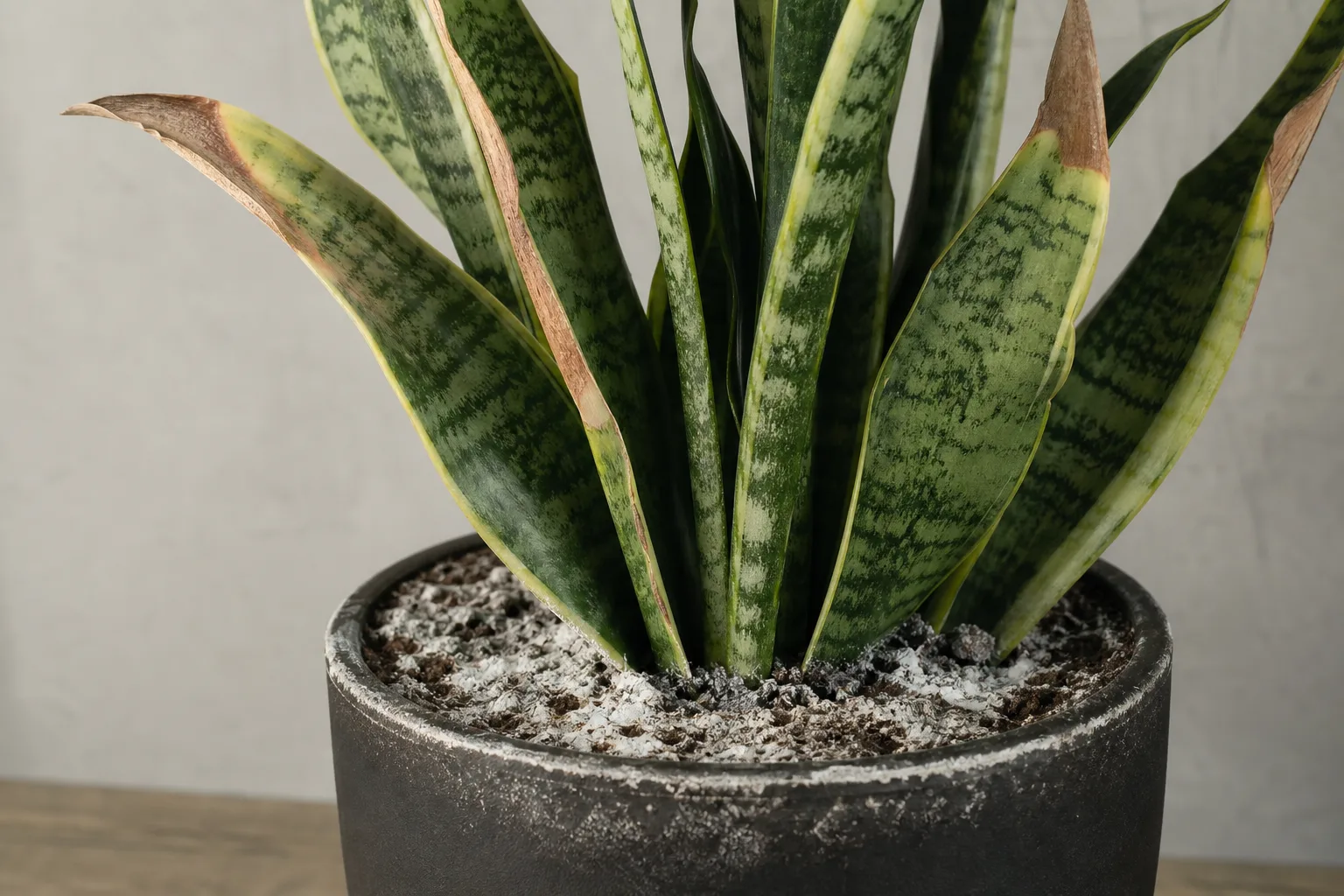 Salt Build-up on Snake Plant - visible symptom on the plant