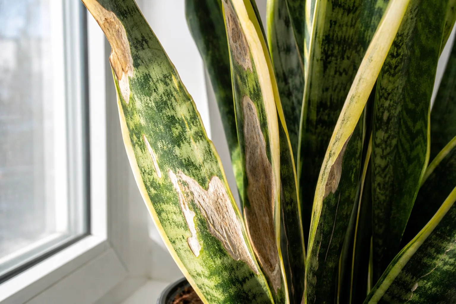 Sunburn / Scorched Leaves on Snake Plant - visible symptom on the plant